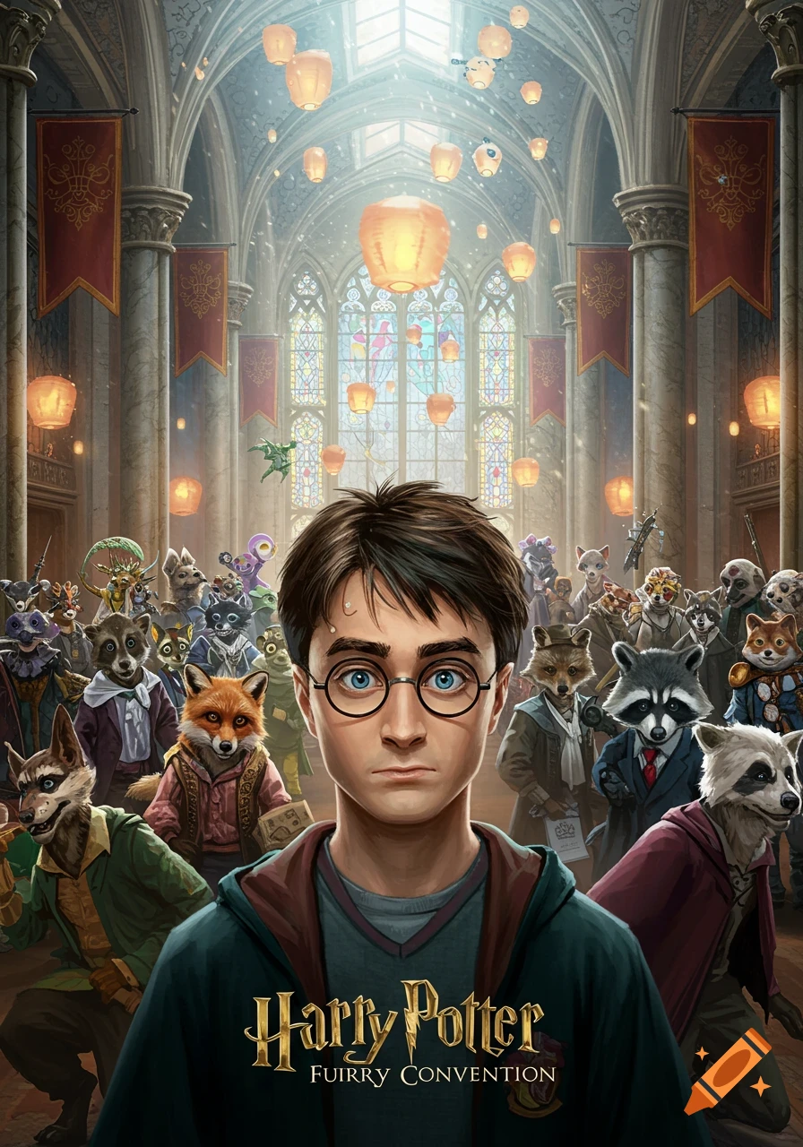 Illustration of Harry Potter with a crowd of anthropomorphic animals in a grand hall, under text 'Harry Potter Furry Convention'.