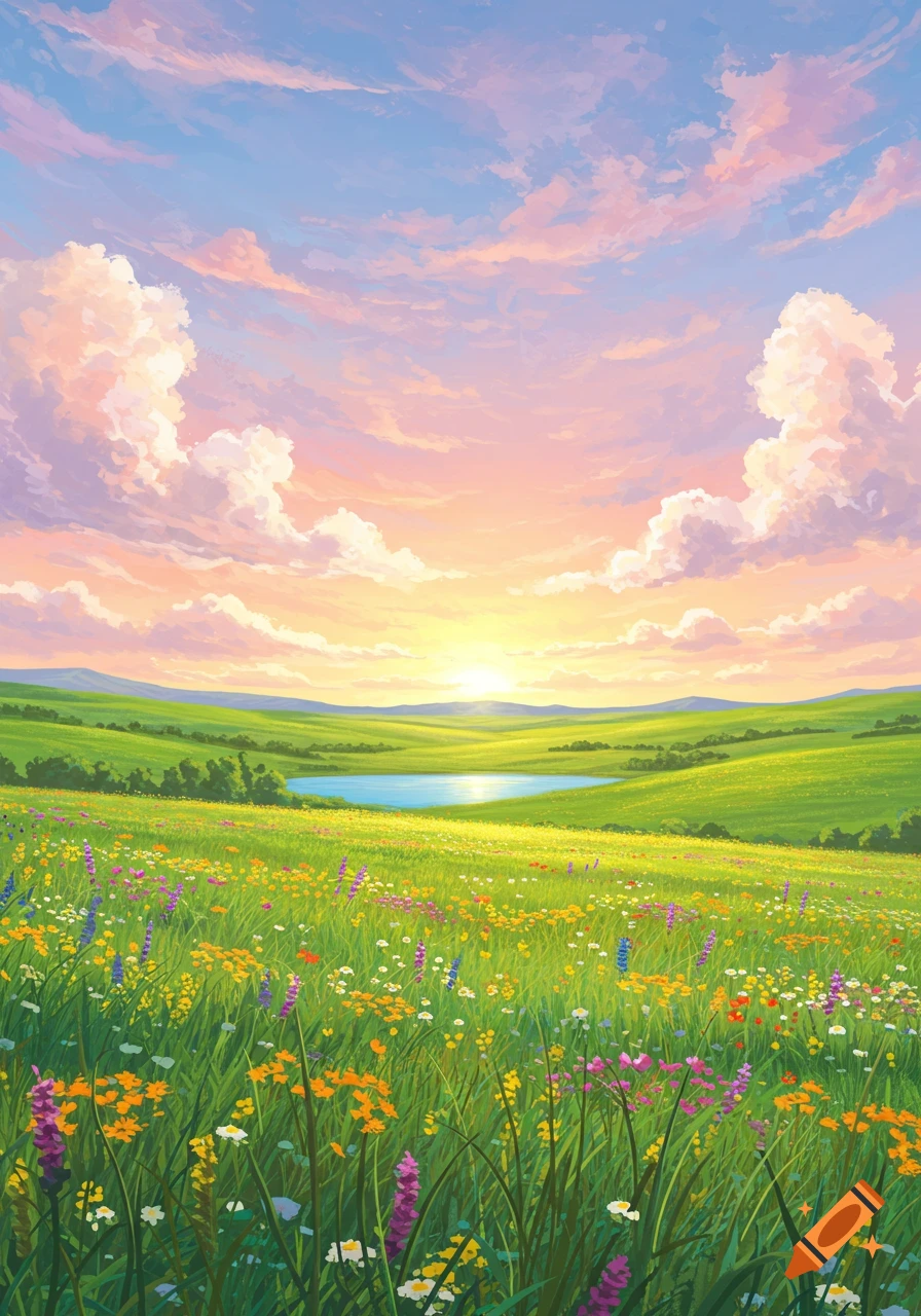 Vibrant illustrated landscape of green rolling hills, a field of colorful wildflowers, a serene lake, and a sunset sky with pink clouds.