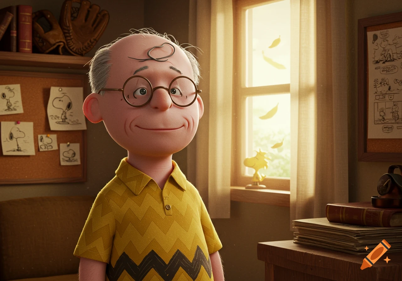 An elderly animated man resembling Charlie Brown, with a smile and glasses, in a room with Peanuts comic drawings, a baseball glove, books, and a window with a Snoopy-like statue.
