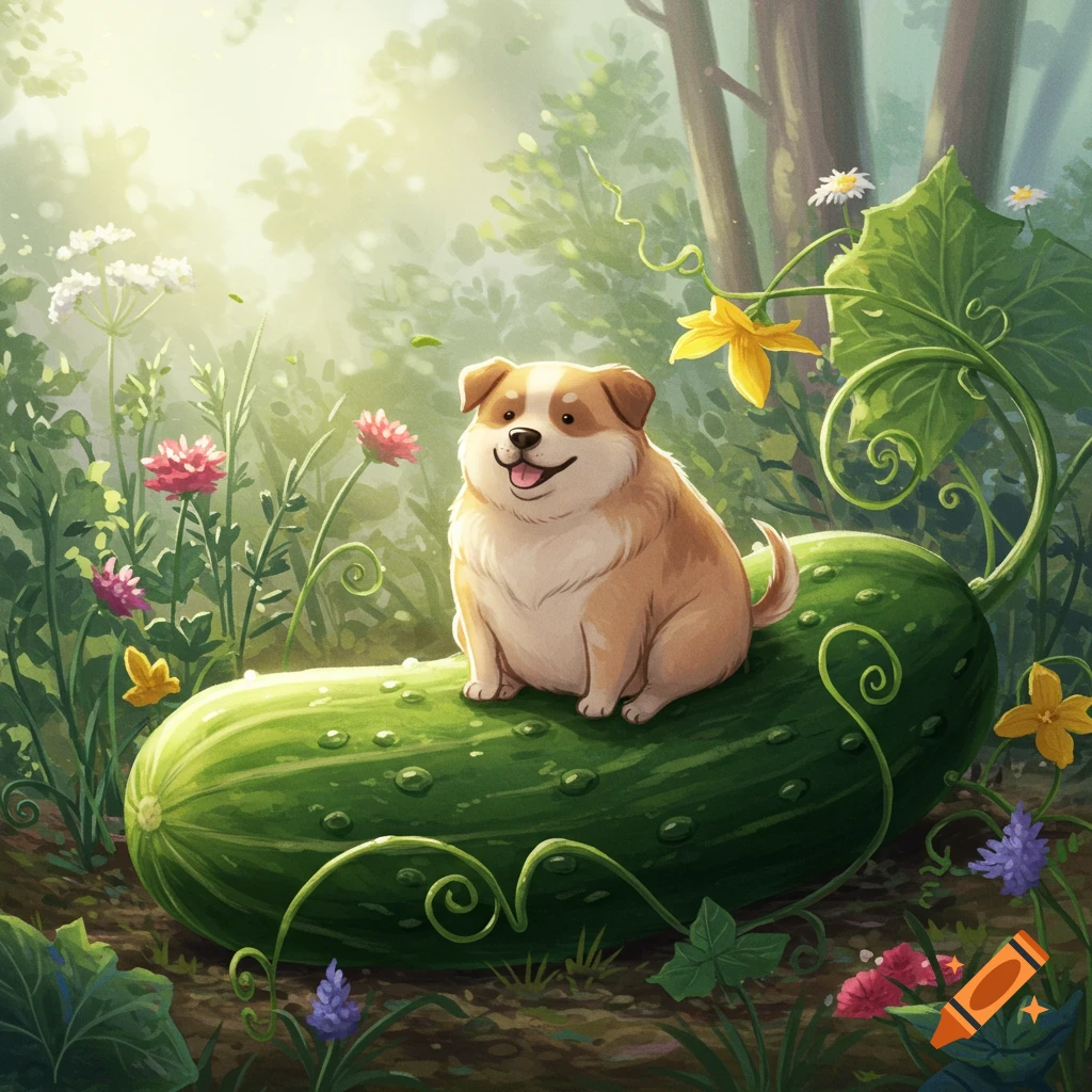 A cute, chubby, happy dog sits on a large green cucumber in a bright, lush forest clearing with colorful flowers, illustrated.