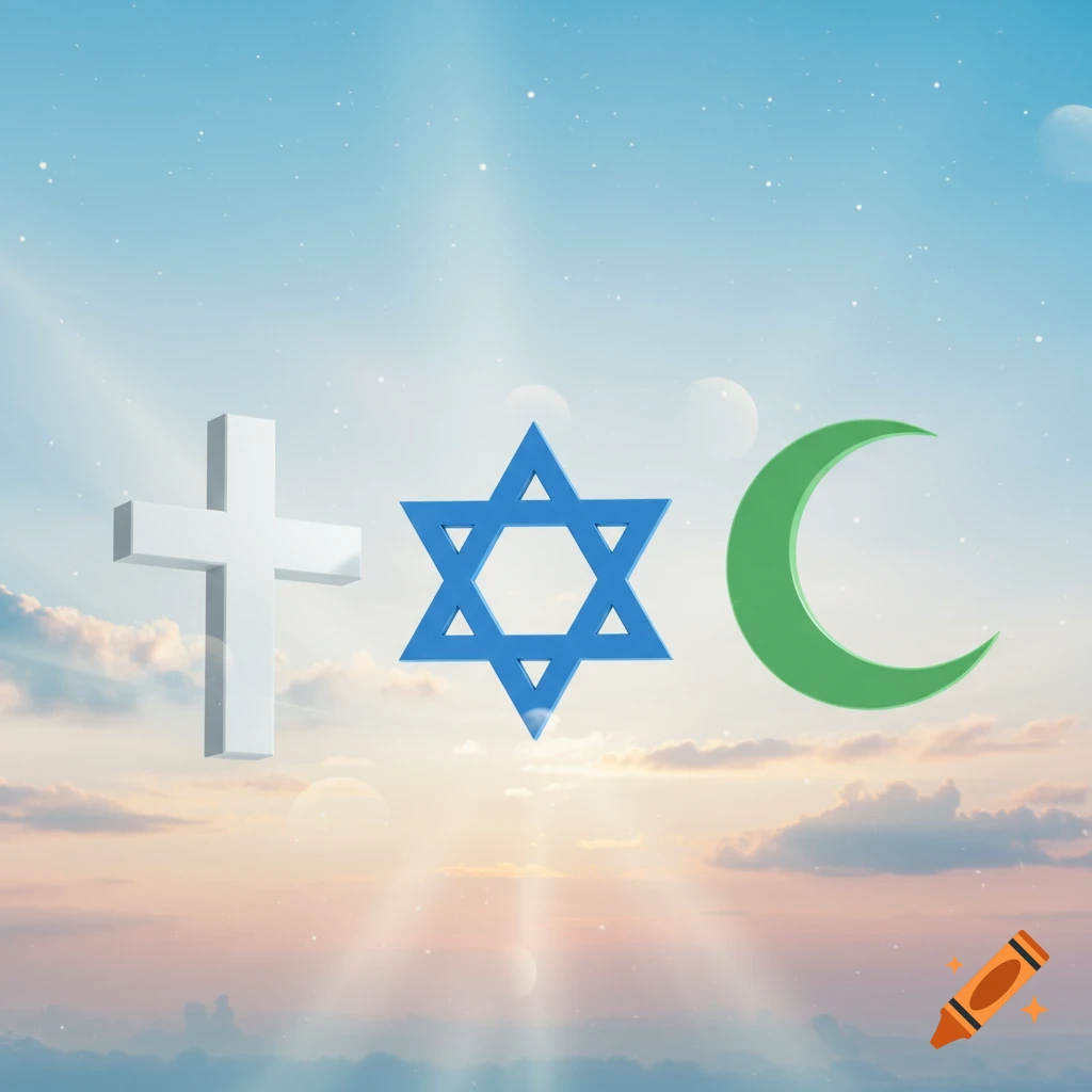 A white cross, a blue Star of David, and a green crescent moon symbol against a serene sky with clouds and sunrays.