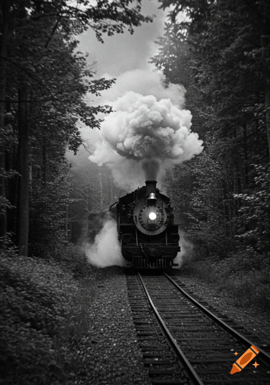 A black and white, grainy image of a steam train emerging from a dark forest, billowing white smoke.