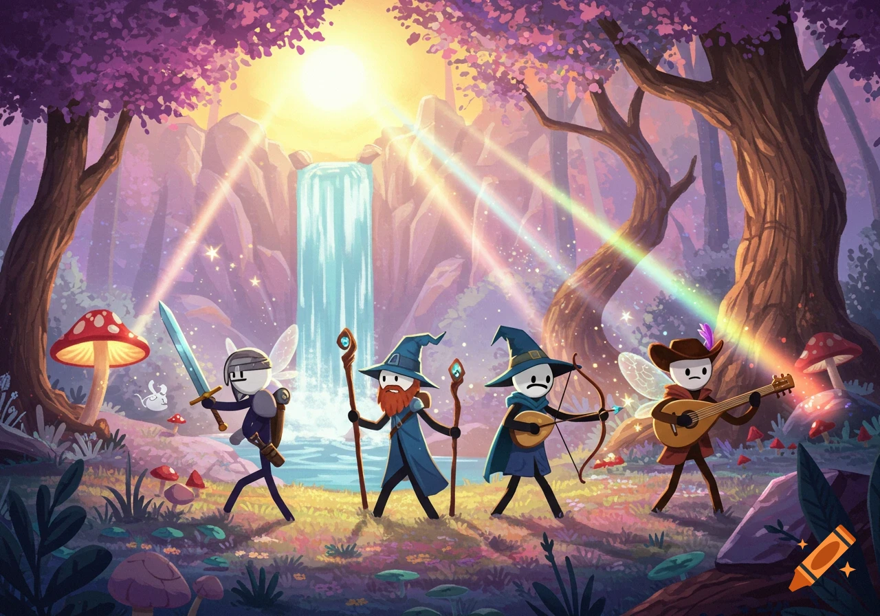 Cartoon illustration of a stick figure fantasy adventuring party (knight, wizards, bard) walking through a vibrant, magical forest with a waterfall and mushrooms.