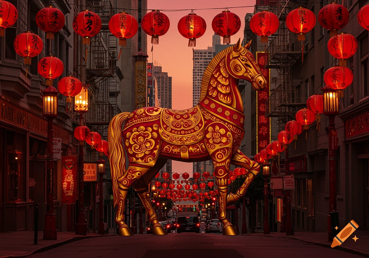 A giant red and gold ornate horse statue in a city street adorned with numerous red lanterns at dusk.