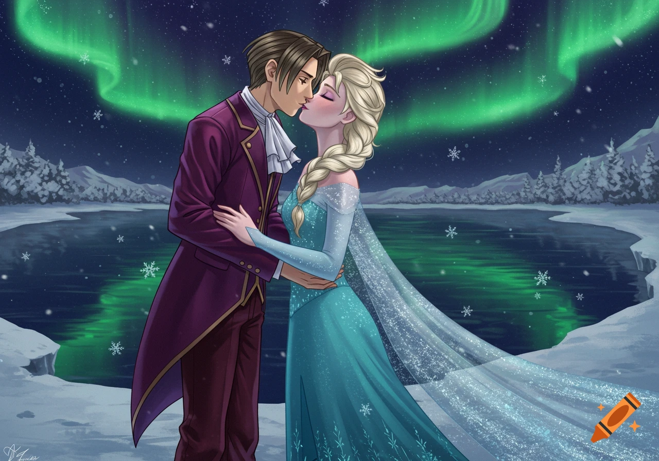 Miles Edgeworth and Elsa kiss in a snowy winter landscape under the green aurora borealis, in an anime style.