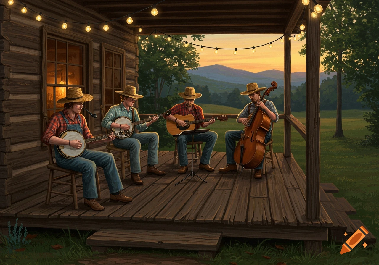 Four men in straw hats play bluegrass music with banjos, guitar, and cello on a rustic cabin porch at sunset.