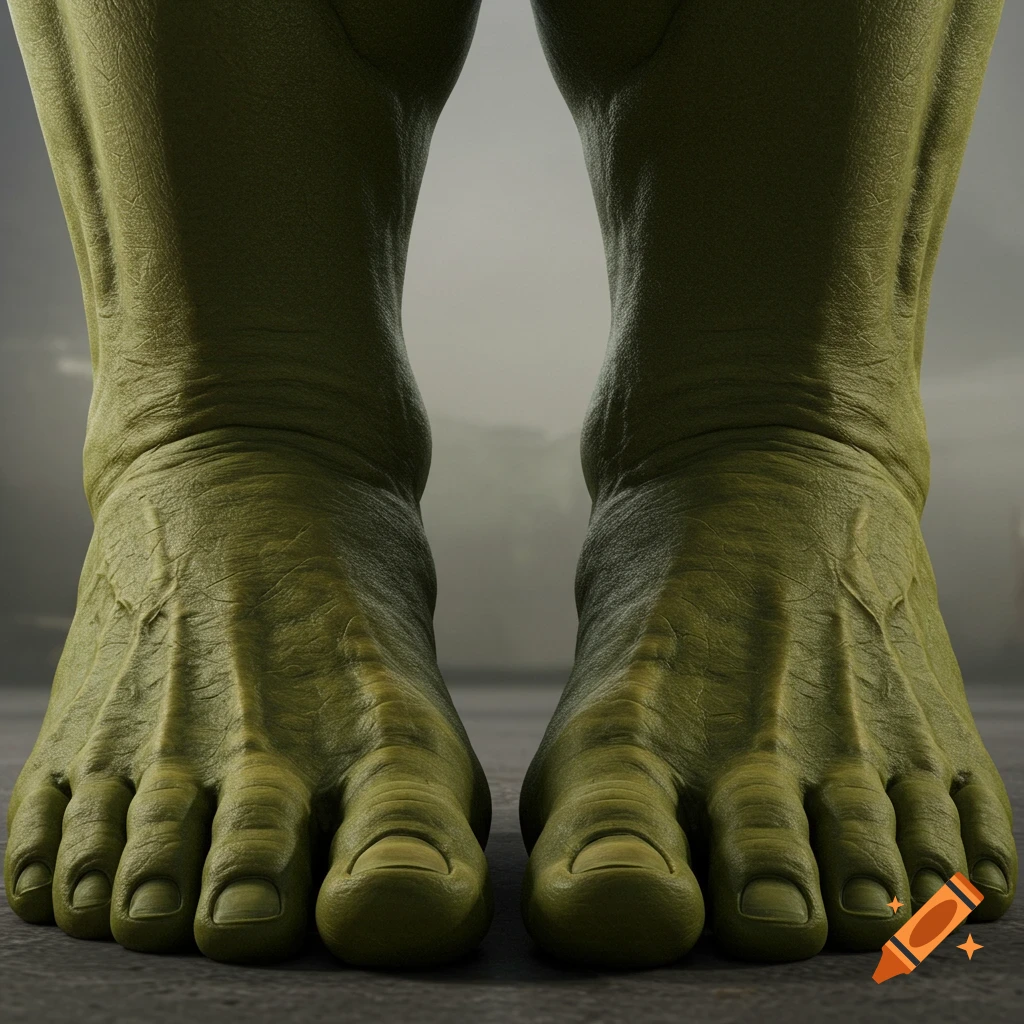 Photorealistic close-up of the Incredible Hulk's large, green, bare feet.