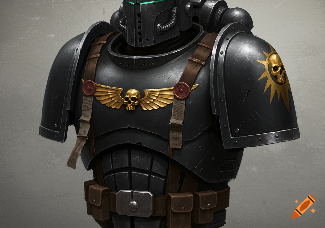 Dark grey power armor with gold skull emblems and brown straps against a plain background.