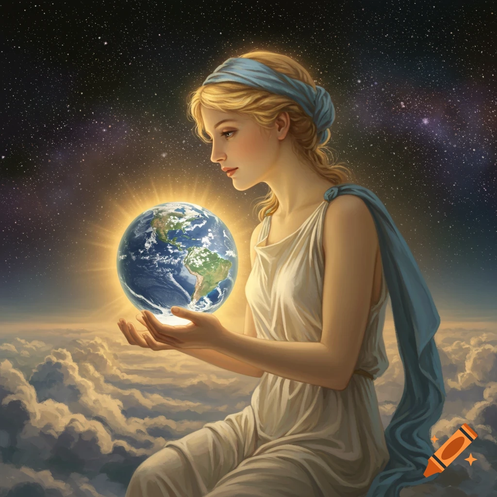 A serene blonde woman in a white Grecian dress holds a glowing Earth over clouds, under a starry sky, in a classical art style.