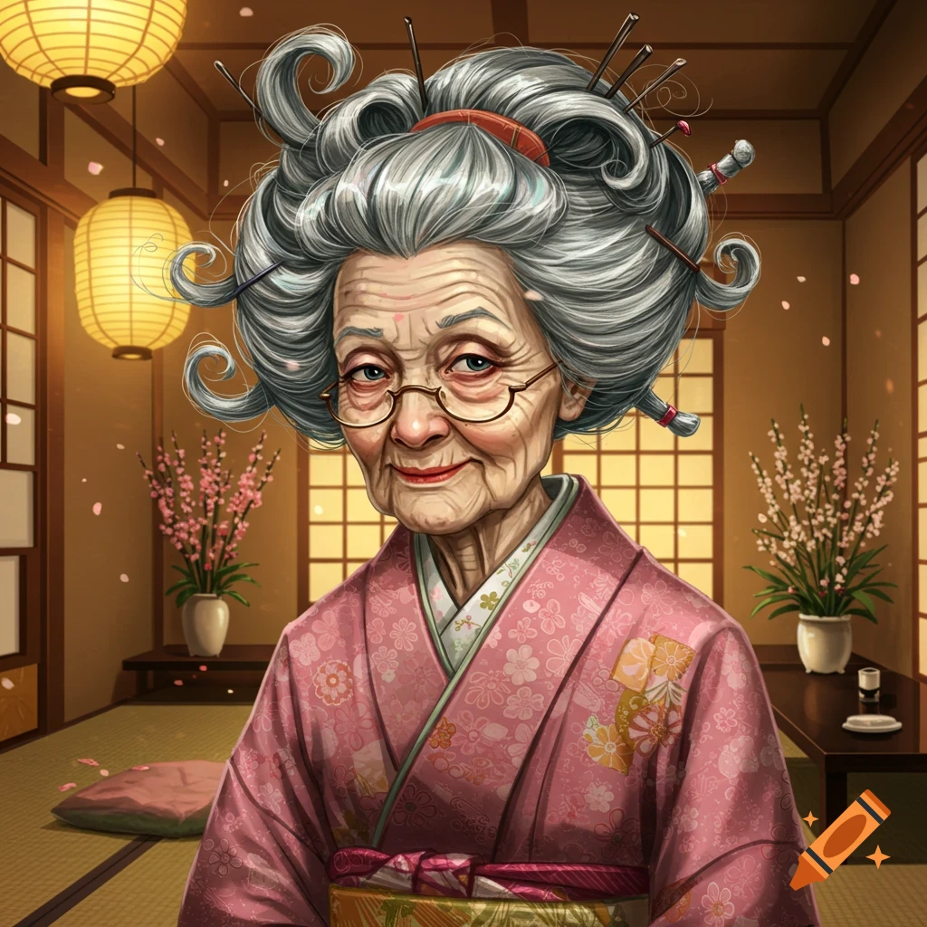 An 80-year-old Japanese woman with an elaborate gray hairstyle and glasses smiles gently in a pink kimono, in a traditional Japanese room with lanterns.