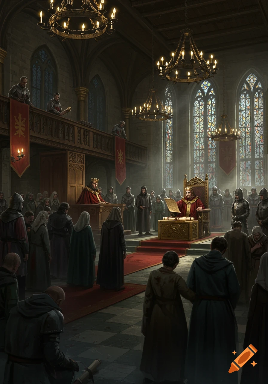 A king on a golden throne addresses a crowded medieval hall with high ceilings, chandeliers, and stained glass windows, as guards stand watch.