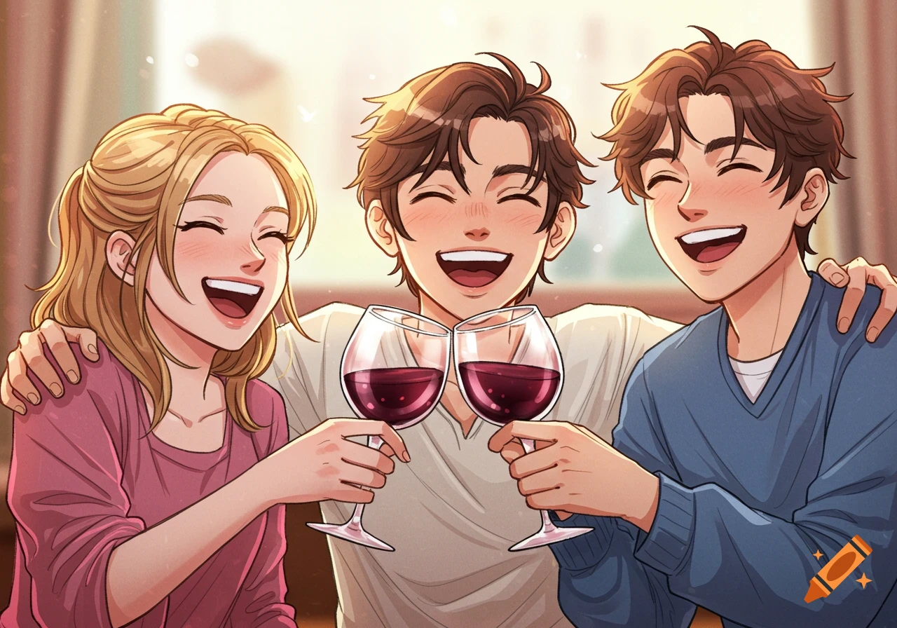 Three young friends, a woman and two men, laugh while toasting with overflowing red wine glasses in a soft cartoon illustration.