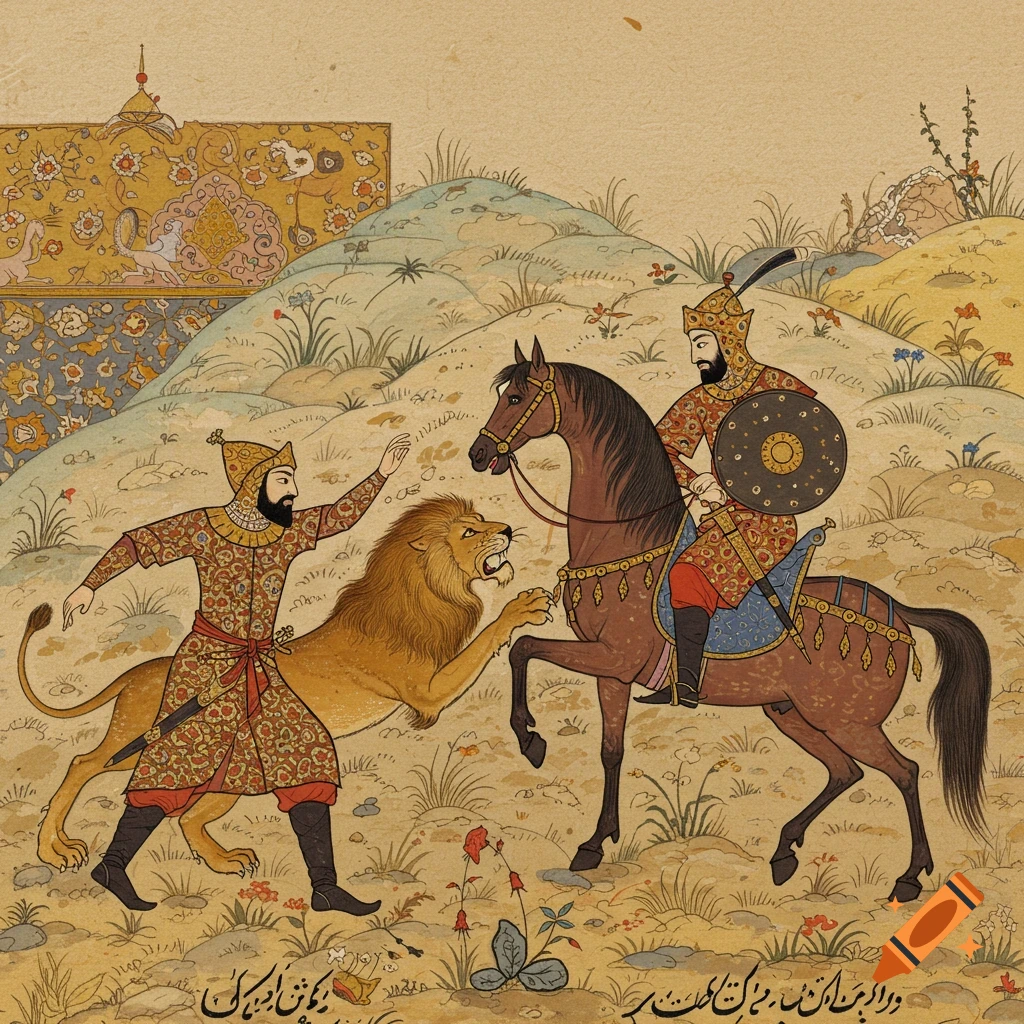 A Persian miniature art style illustration of the hero Rostam and his horse Rakhsh battling a roaring lion in a stylized landscape.