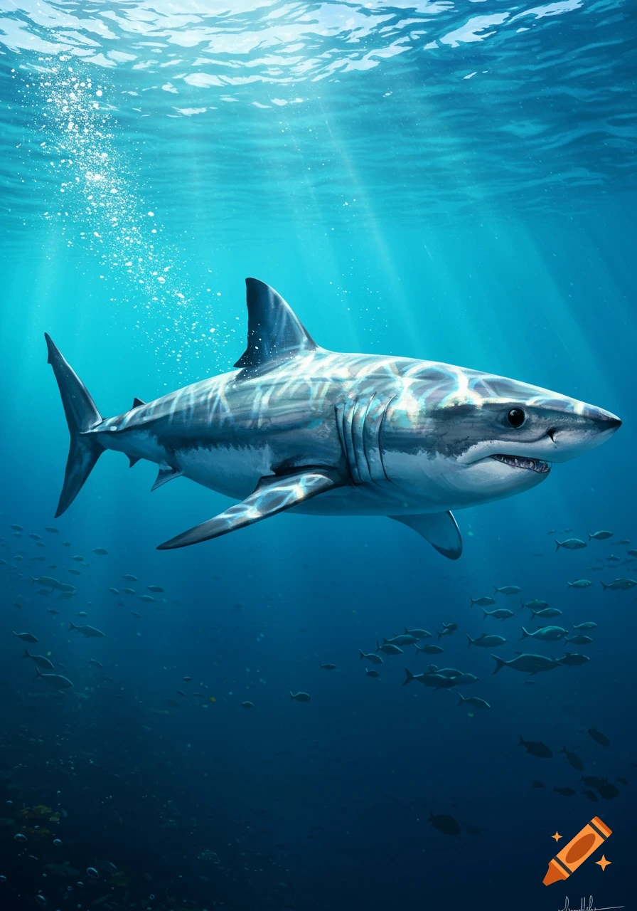 A large shark swims through clear blue ocean water, with sunbeams breaking through the surface and schools of small fish in the distance.