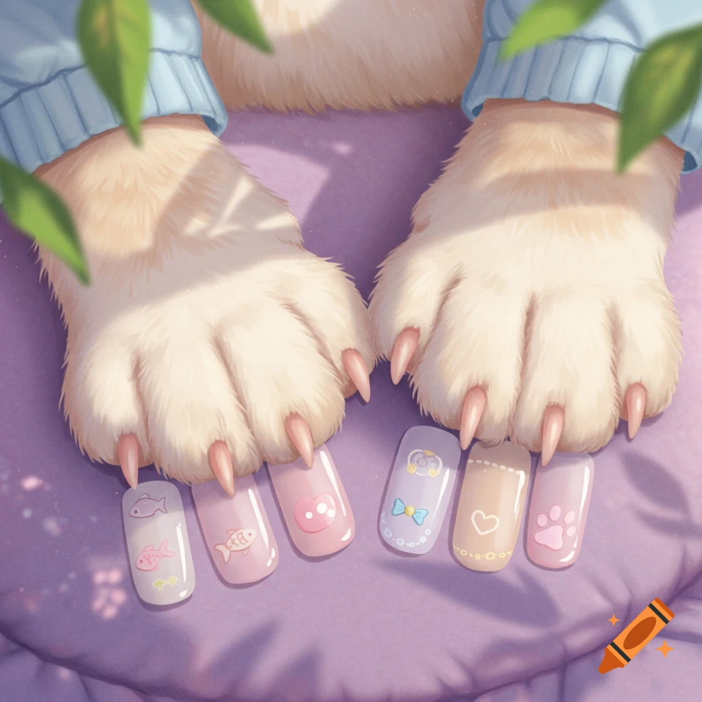 Close-up of fluffy animal paws wearing colorful stick-on nails with cute designs like fish, hearts, bows, and paw prints on a purple cushion.