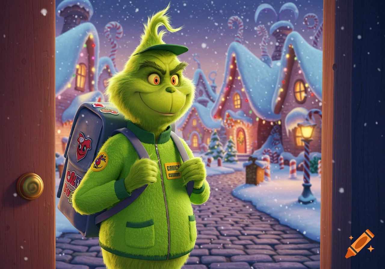 The Grinch in a green delivery uniform and backpack smiles in a snowy village with colorful Christmas lights and candy canes.