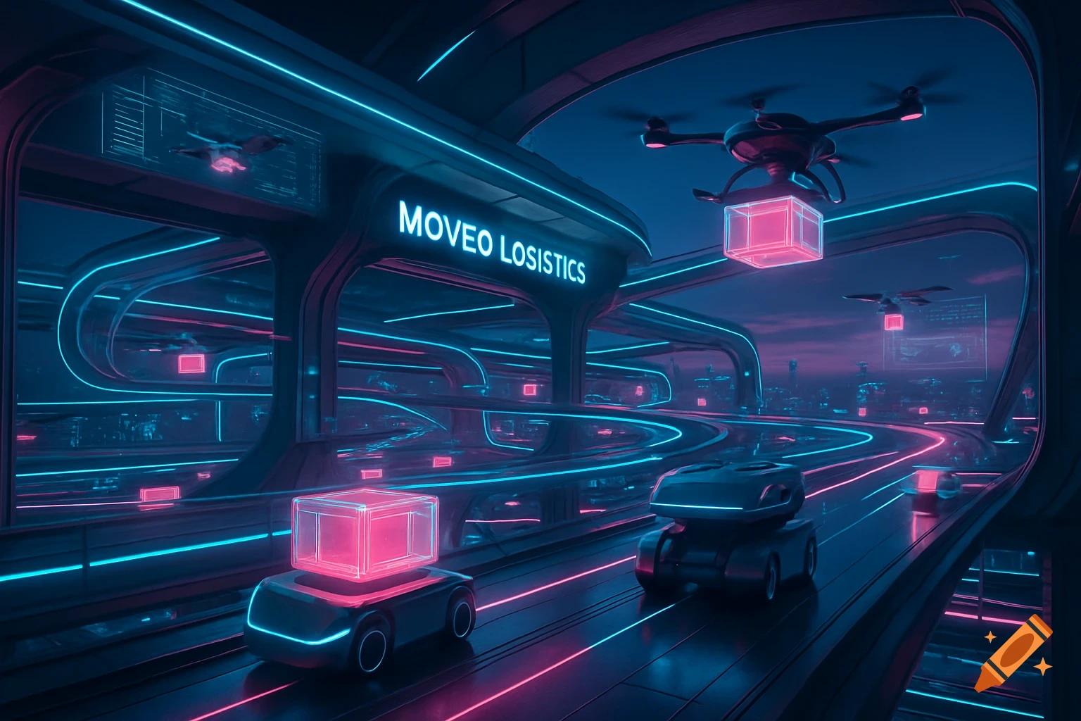 A futuristic scene with neon blue and pink lights, showing delivery robots on a track and a drone carrying a glowing cube.