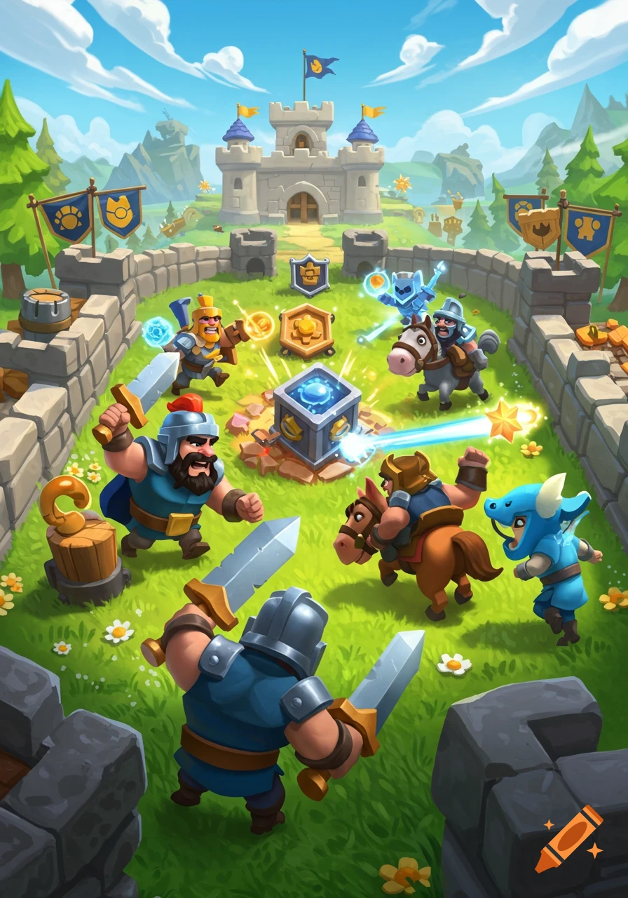 Cartoon fantasy battle scene with knights and creatures attacking a glowing cube in front of a castle, in a bright, grassy landscape.