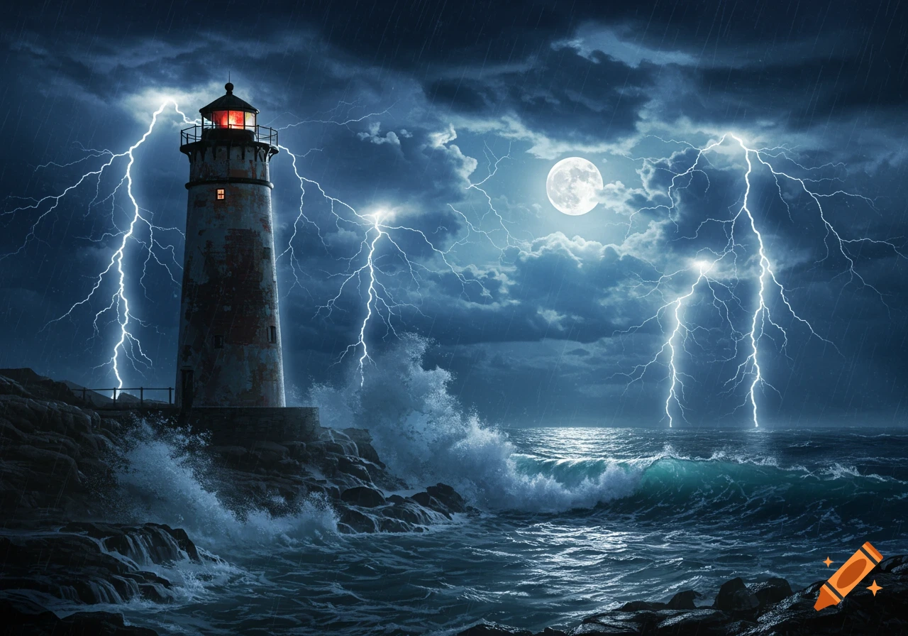 Photorealistic stormy night scene with a lighthouse on a rocky coast, illuminated by lightning under a full moon.