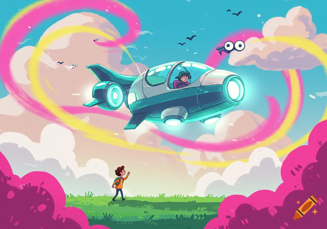 Cartoon of a person looking at a flying, glowing machine leaving colorful trails in a bright blue sky.