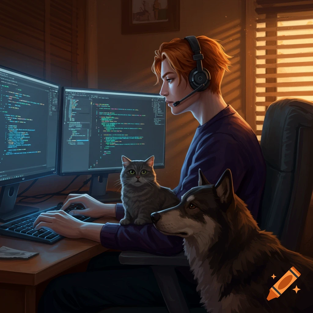 Red-haired person in a headset coding on dual monitors with a cat on lap and a dog nearby, digital art.