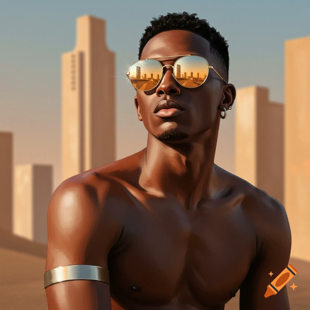 Shirtless man with dark skin wearing aviator sunglasses reflecting a cityscape, with a silver armband, in a photorealistic style.