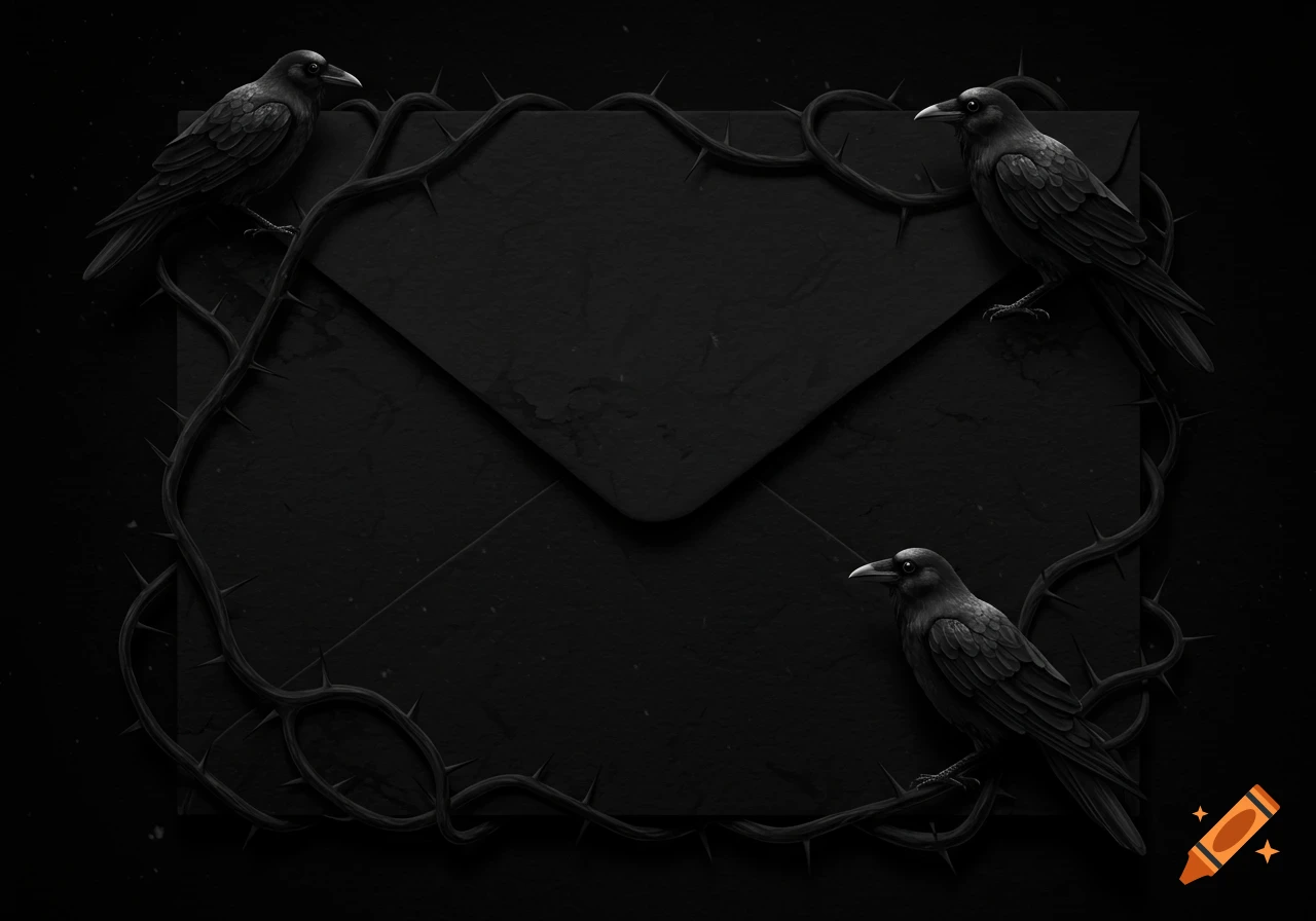 Three black crows perch on thorny branches framing a dark, black envelope on a black background in a gothic style.