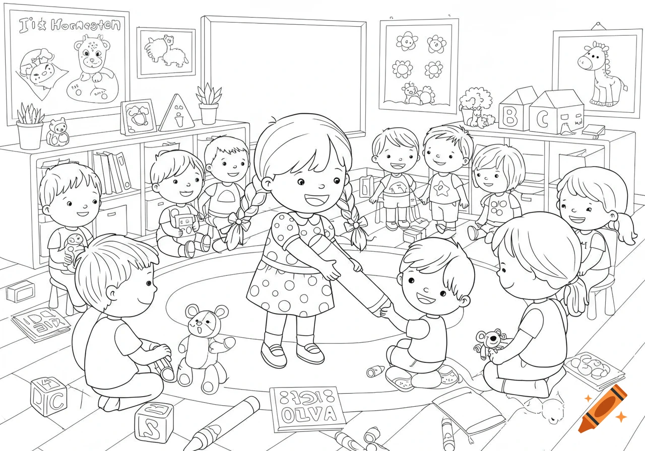 Black and white line art of children in a kindergarten classroom. A girl in a polka dot dress is sharing a large crayon with a boy, while other children sit around on a rug with toys and books.