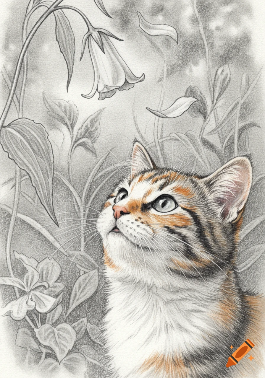 A detailed pencil drawing of a calico cat looking up at a bell-like flower with falling petals amidst foliage.
