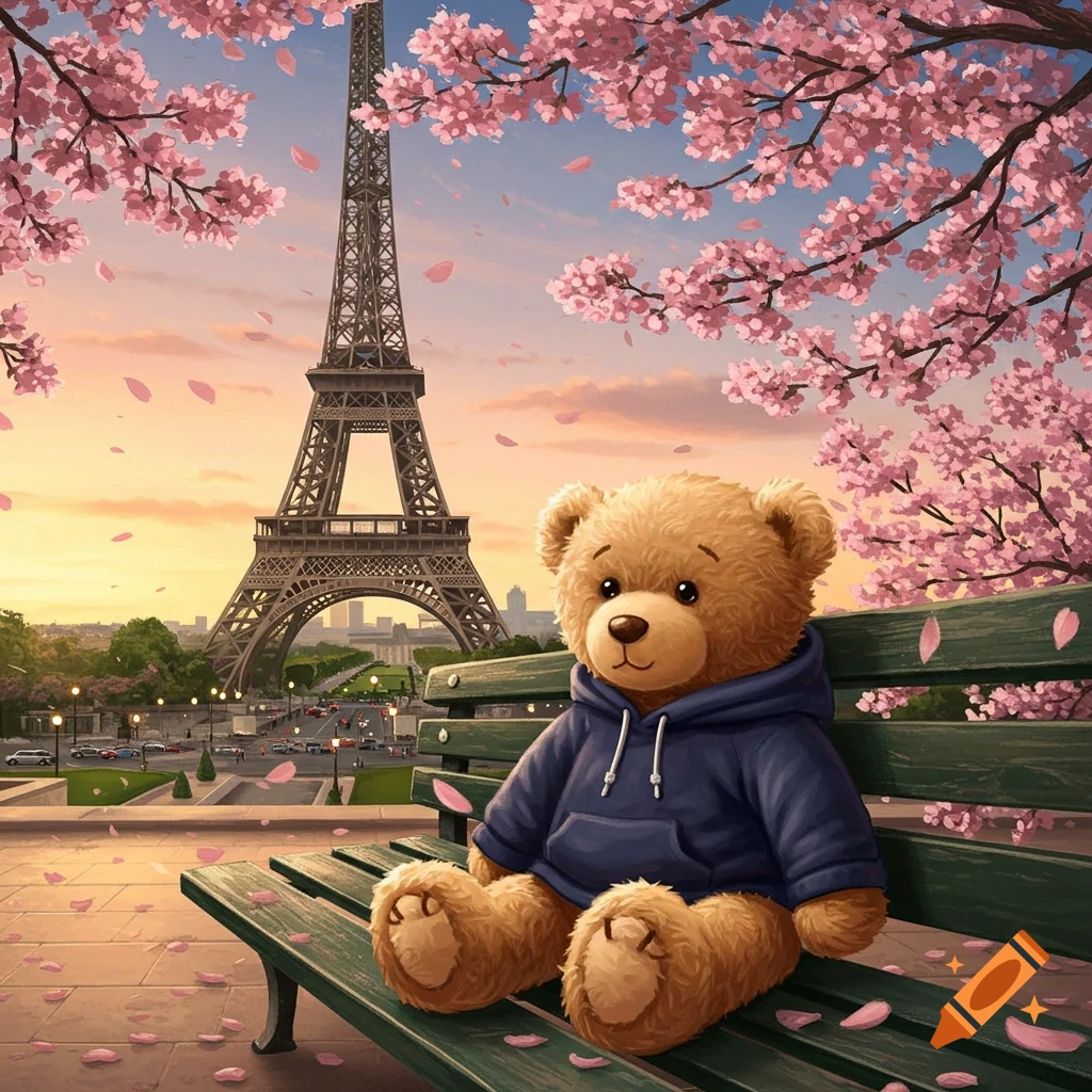 An illustration of a cute teddy bear in a blue hoodie sitting on a park bench, with the Eiffel Tower and pink cherry blossoms in the background.