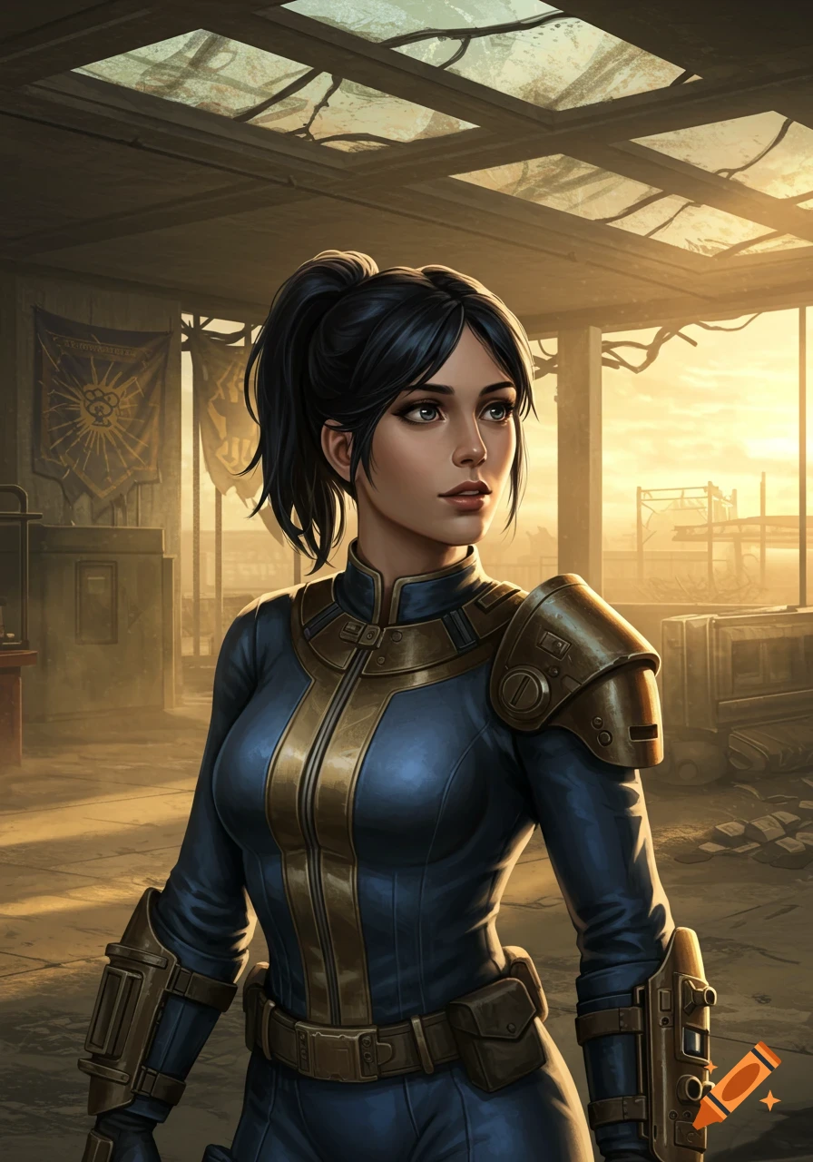 A beautiful woman in a blue and gold vault suit with armor stands in a sunlit, ruined building, looking curiously.