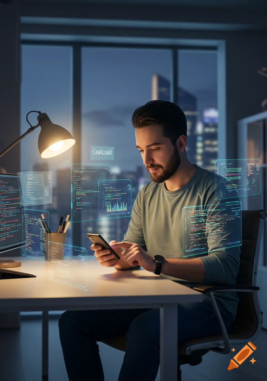 Man coding a mobile app on his phone at a desk, surrounded by holographic code screens, in an office at night.