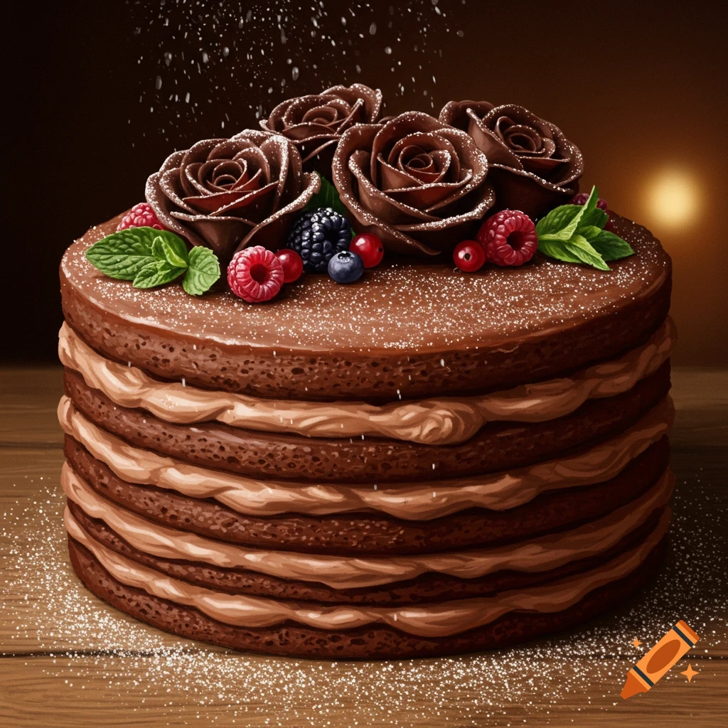 Rich chocolate layer cake with chocolate roses, berries, mint leaves, and powdered sugar, on a wooden table.