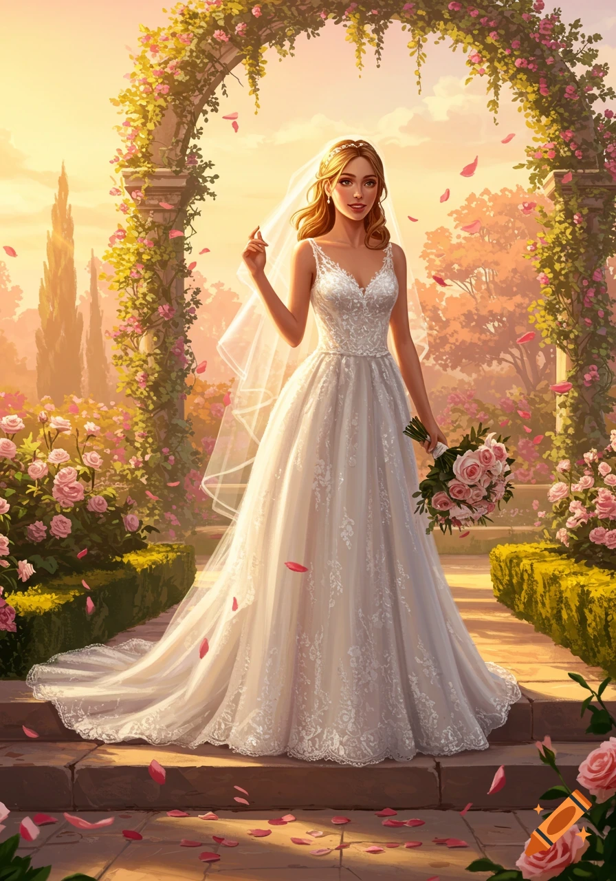 Bride in a white wedding dress holding pink roses, standing under a rose-covered arch in a sunlit garden illustration.