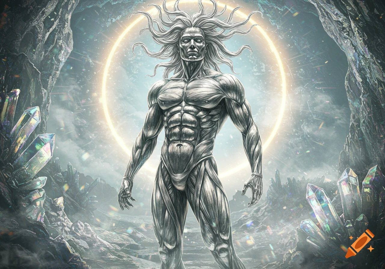 Muscular platinum-skinned man with spiky white hair stands in a crystal cave before a glowing ring.