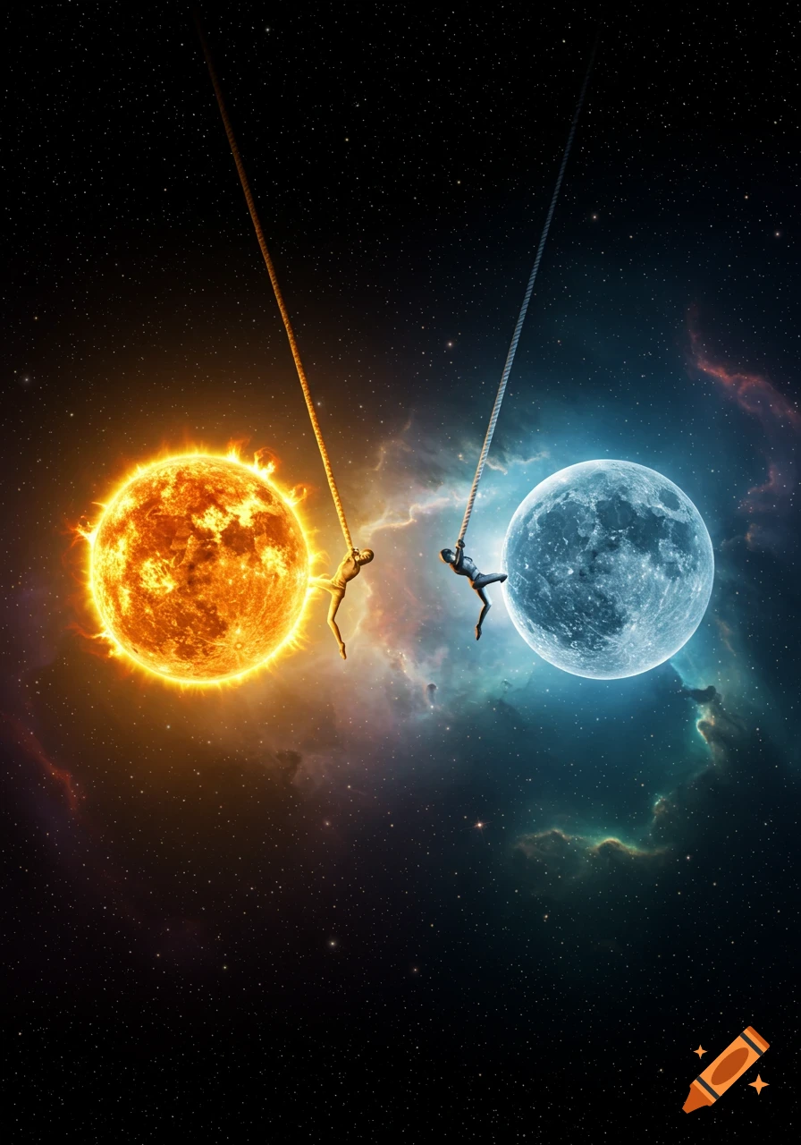 Two stylized figures swing from ropes attached to the glowing sun and moon in a vibrant starry space scene.