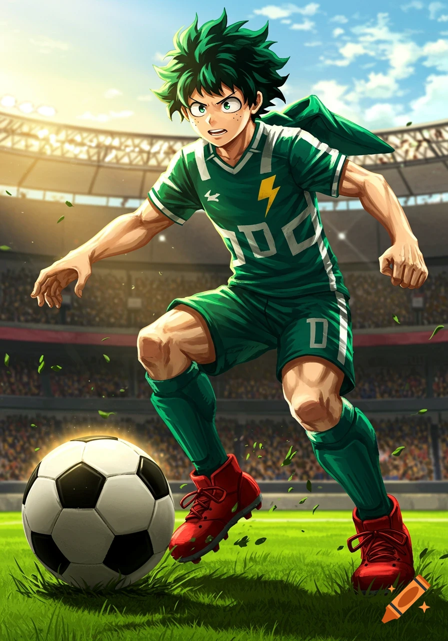 Izuku Midoriya in a green soccer uniform kicks a ball in a stadium, anime style.
