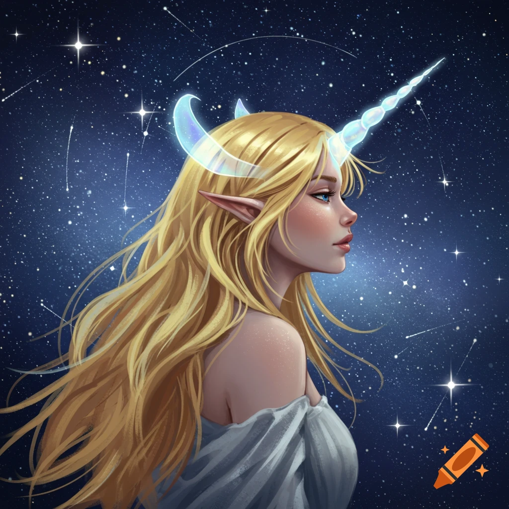 Fantasy portrait of a blonde woman with elf ears and a glowing unicorn horn, gazing sideways at a starry night sky.