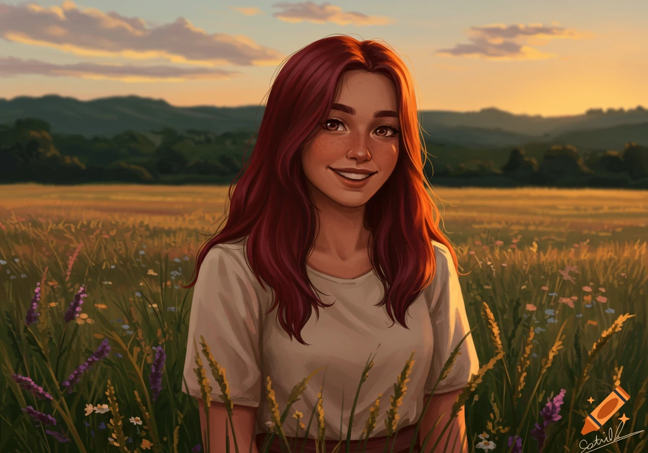 Smiling young woman with long red hair and freckles standing in a golden field of wildflowers at sunset, digital painting.