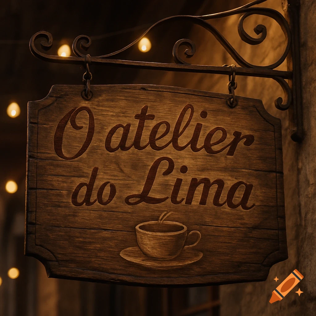 A vintage wooden coffee shop sign with 'O atelier do Lima' text and a coffee cup, hanging at night.