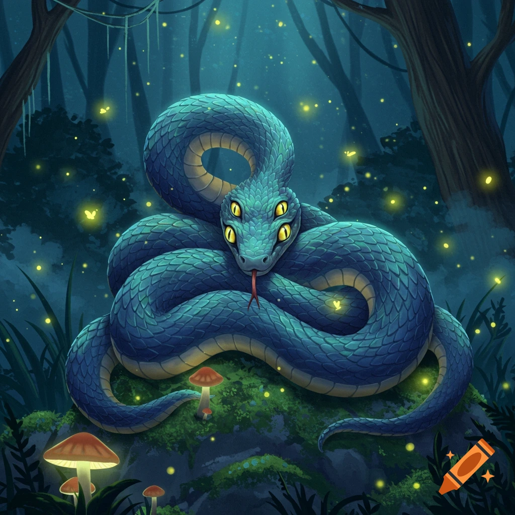 A vibrant blue-green, four-eyed snake coils on a mossy rock in a dark, glowing fantasy forest with mushrooms.