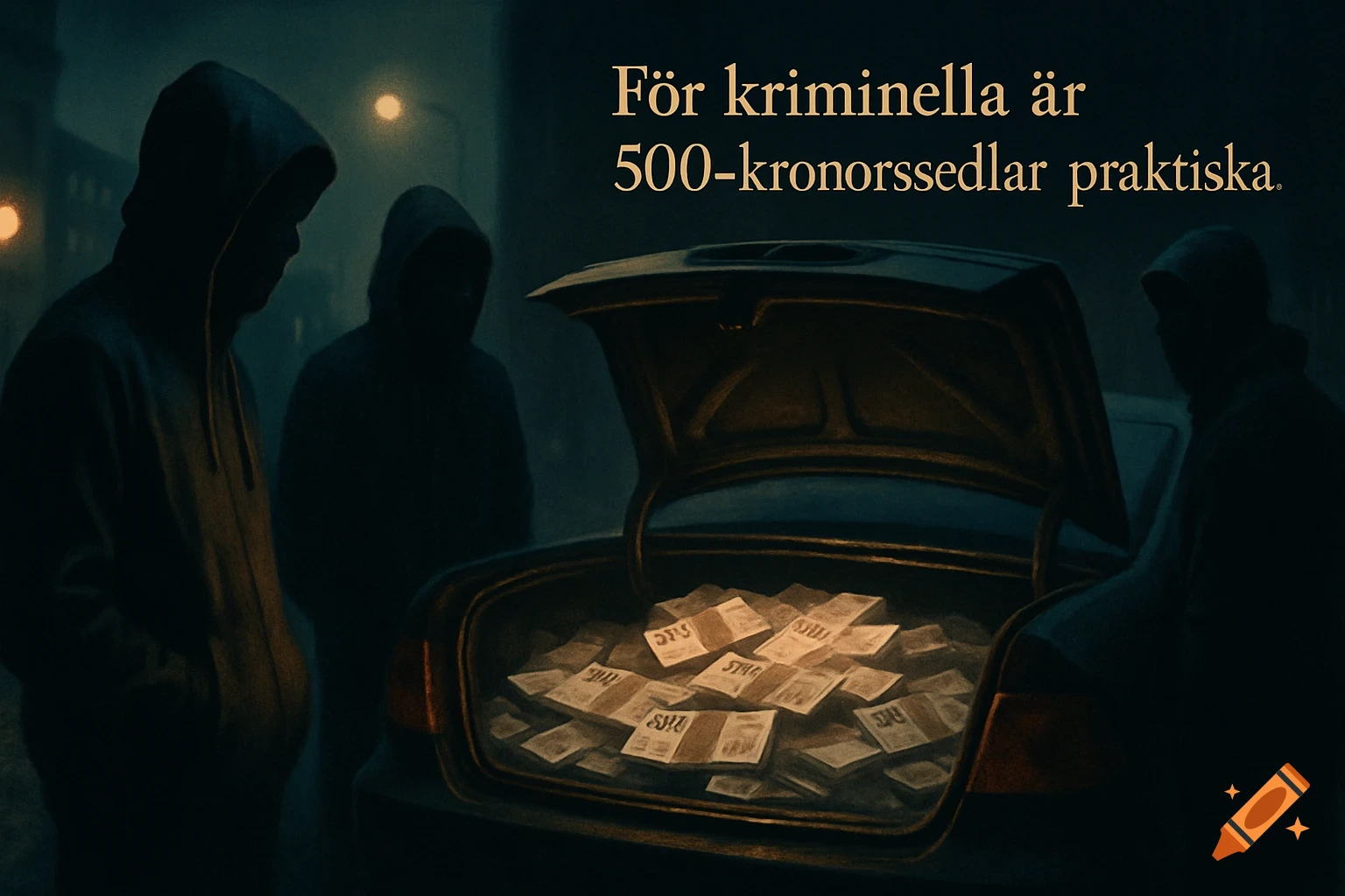 A dramatic illustration of hooded figures around a car trunk filled with money on a dark urban street at night.