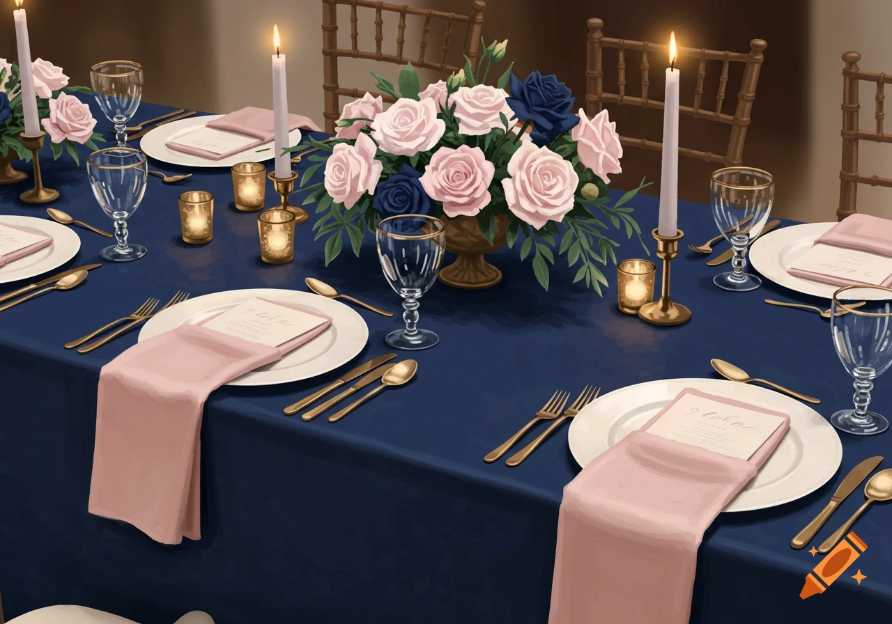 A formal wedding reception table adorned with a navy blue tablecloth, blush pink napkins, gold cutlery, and a centerpiece of pink and blue roses.
