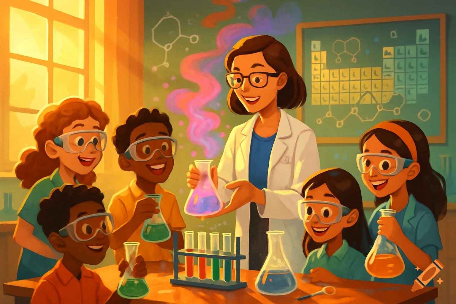 Diverse children and female teacher smile, doing a colorful chemistry experiment in a bright classroom.