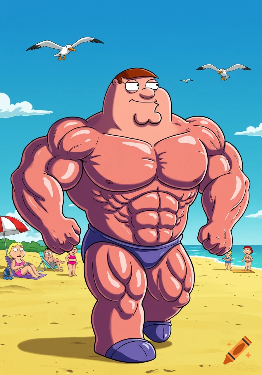 Muscular Peter Griffin in a purple speedo poses on a sunny beach, with seagulls and other cartoon characters in the background.