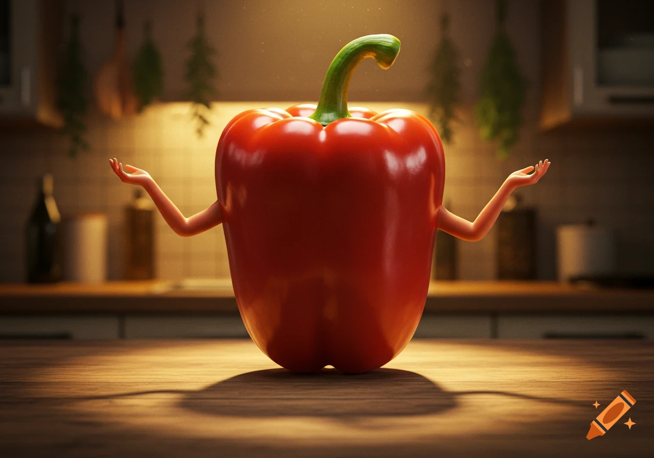 A vibrant red bell pepper with slender human arms outstretched, standing on a wooden kitchen counter under warm lighting.