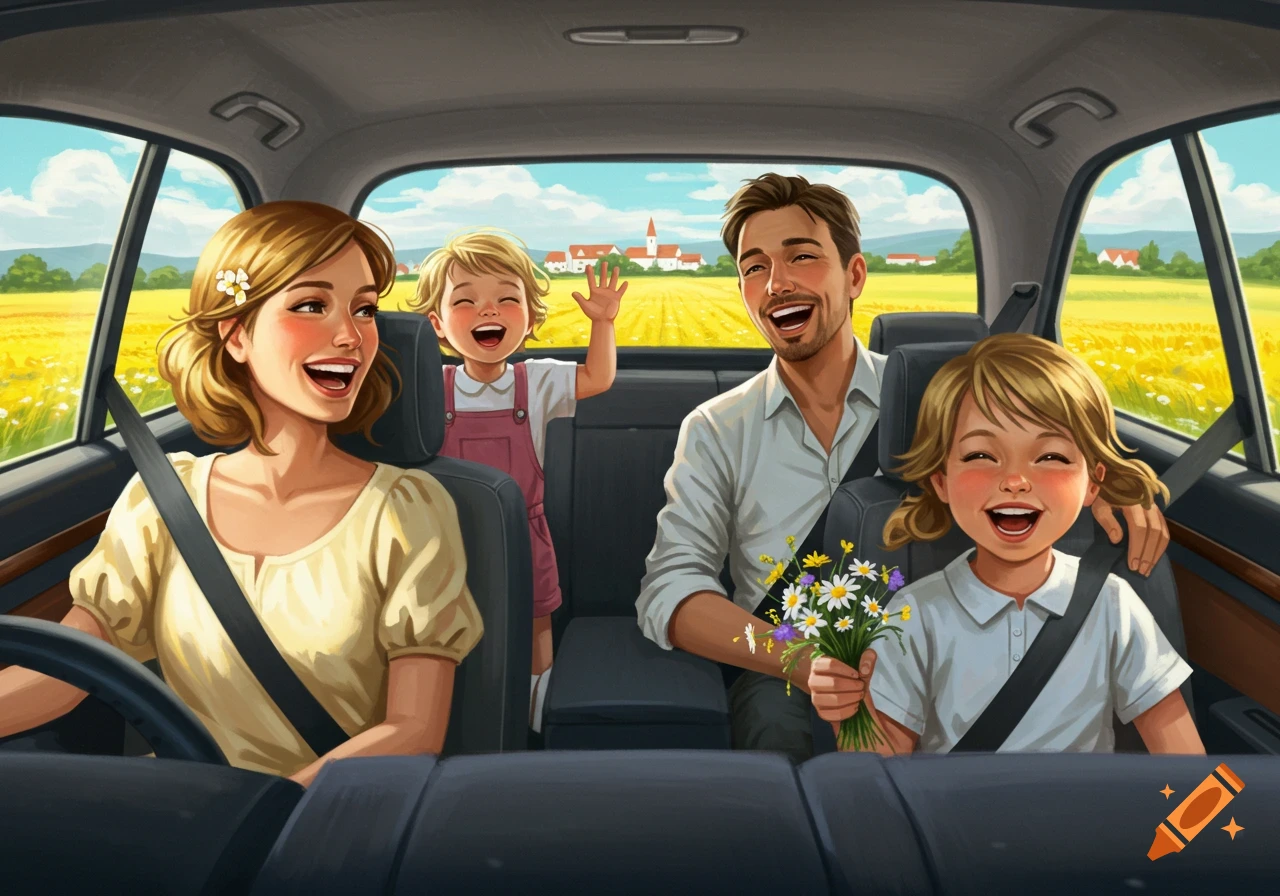 A happy animated family of four smiling in a car during a road trip through sunny yellow fields.