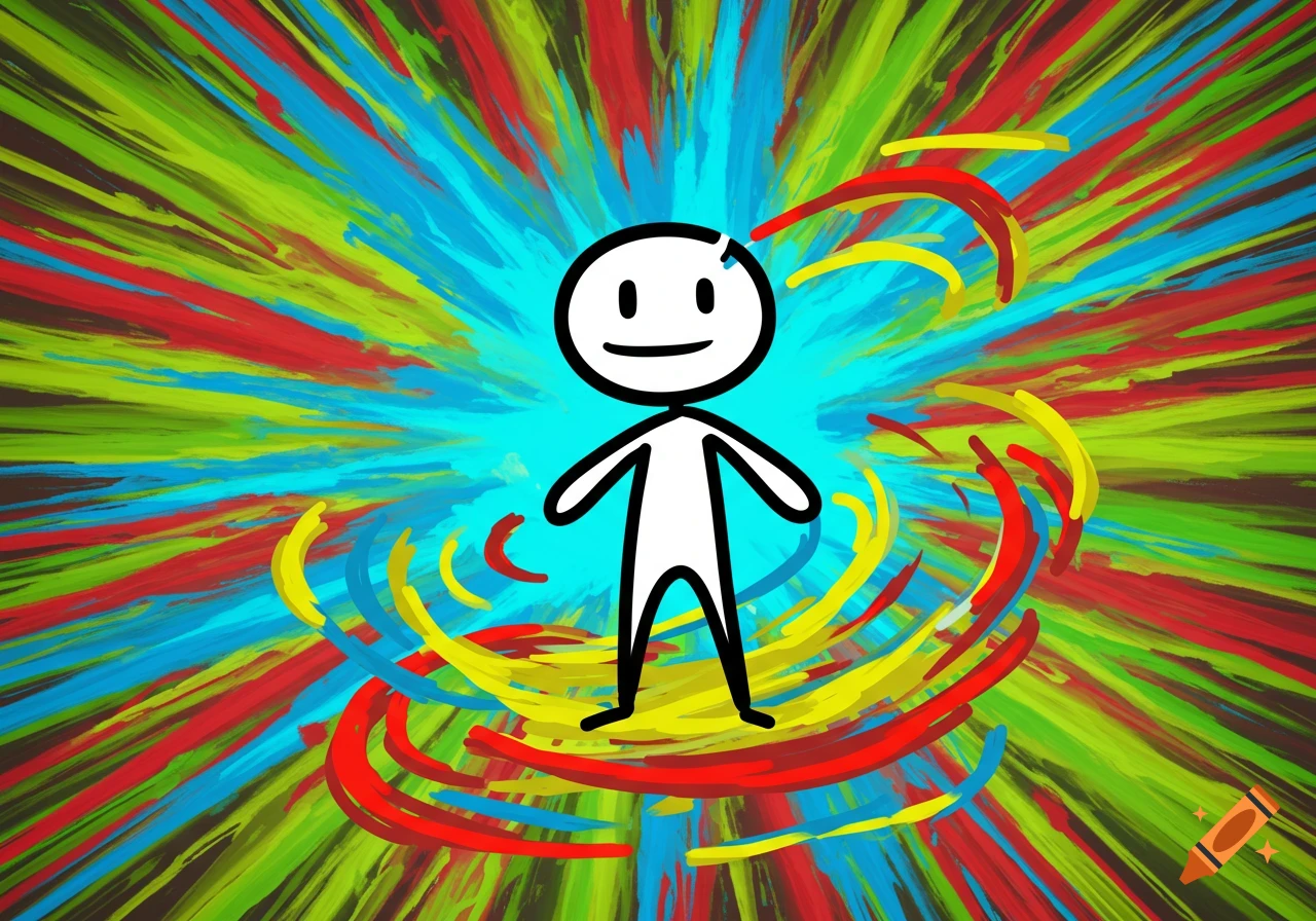 A cartoon white stick figure stands against a vibrant background of radiating red, blue, green, and yellow brushstrokes.