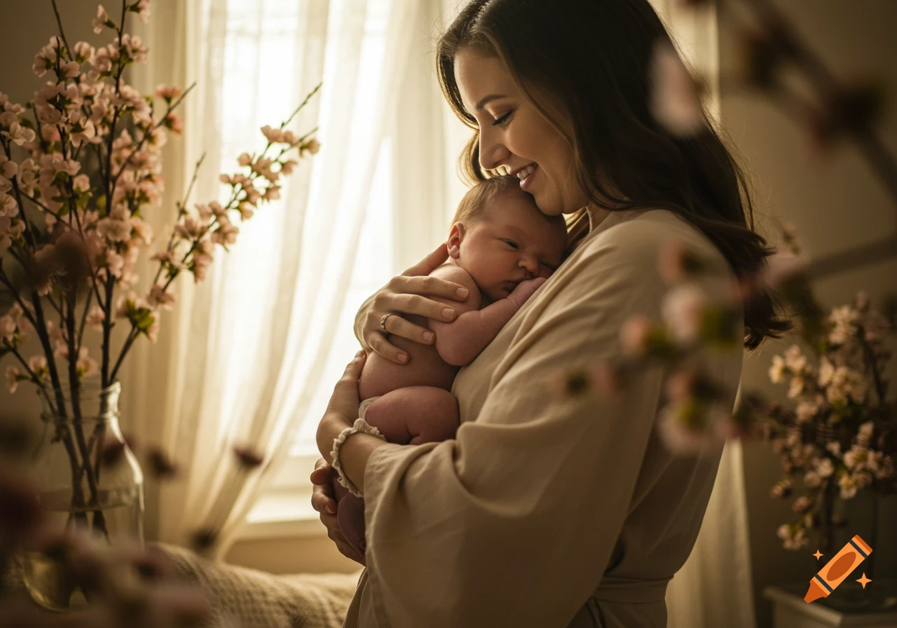 A smiling mother gently cradles her sleeping newborn baby in a warm, sunlit room adorned with flowering branches.