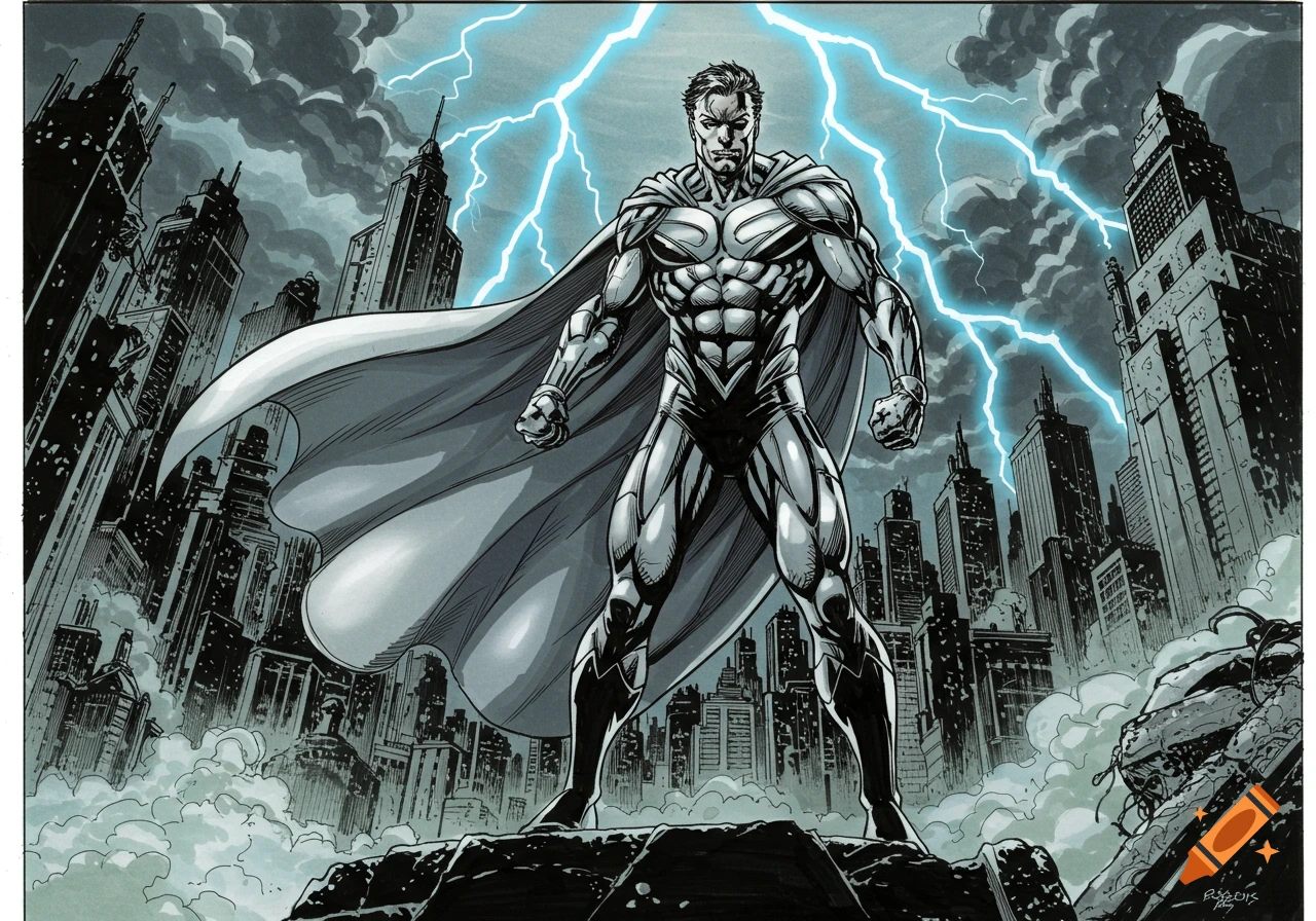 Muscular superhero in white and silver suit with cape stands on debris in a dark cityscape with lightning, comic book art style.
